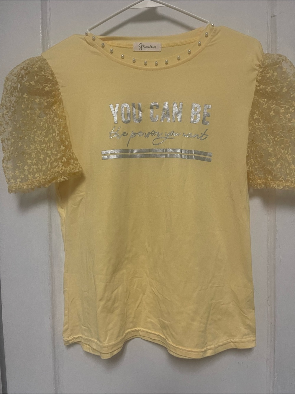Saivana Pale Yellow Metallic Script Puff-Sleeve Tee